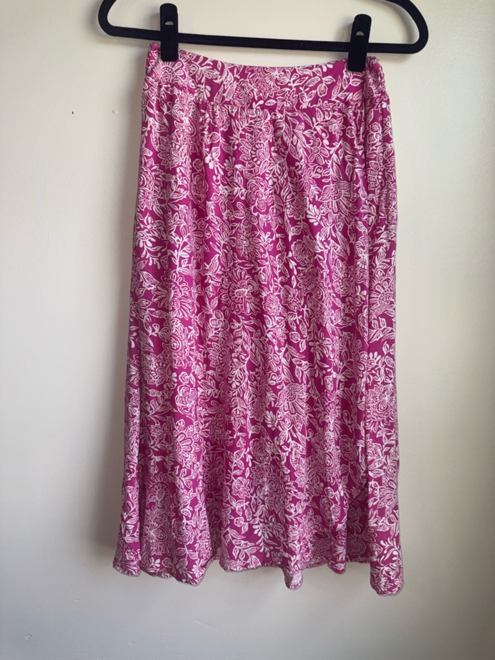 Japna Pink White Floral Boho Midi Skirt Flowy Elastic Waist M